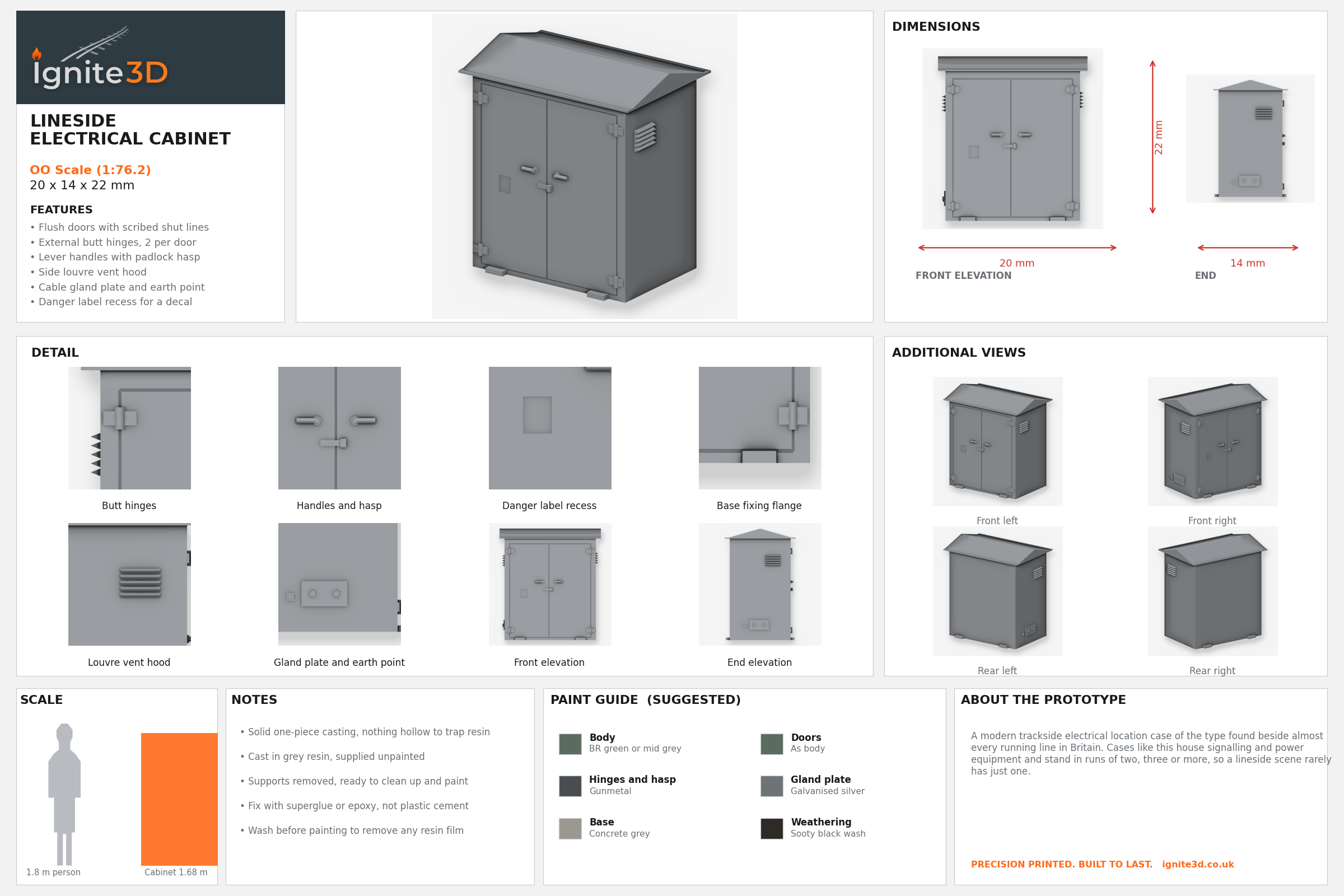 Dimensions and specification sheet for the OO gauge lineside electrical cabinet