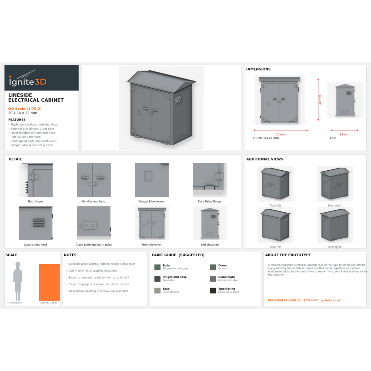 Dimensions and specification sheet for the OO gauge lineside electrical cabinet