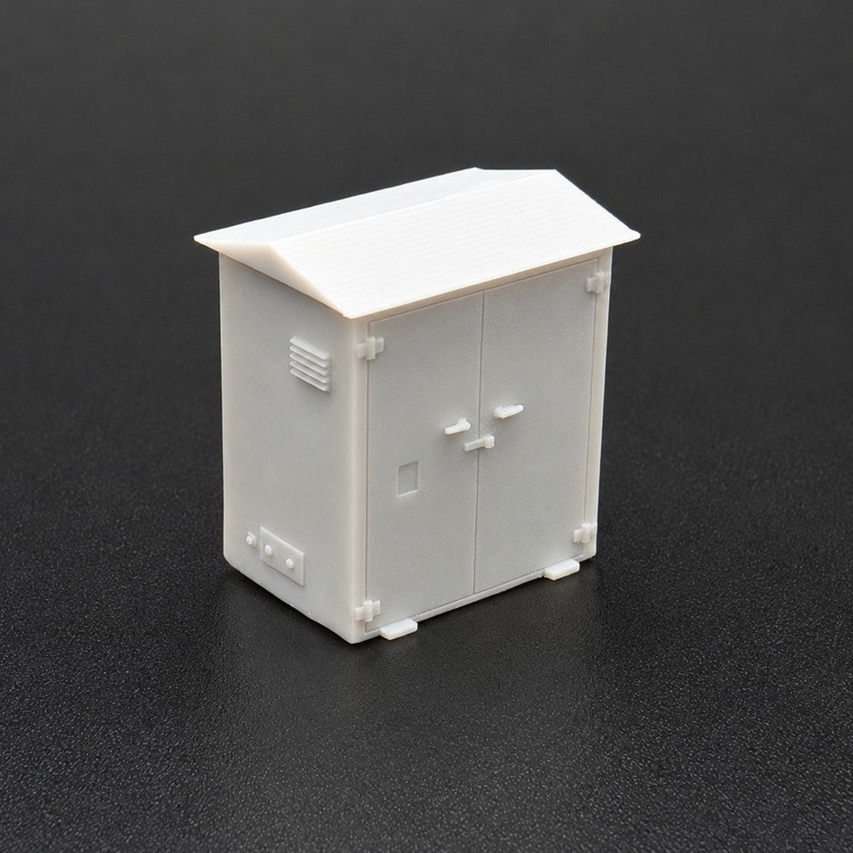 OO gauge lineside electrical cabinet, end view showing the louvre vent and cable gland plate