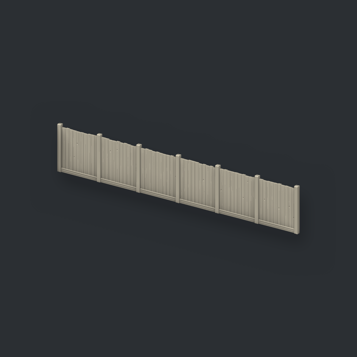 OO gauge 6ft close-board fence panel, large — 146 mm, six bays — three-quarter view