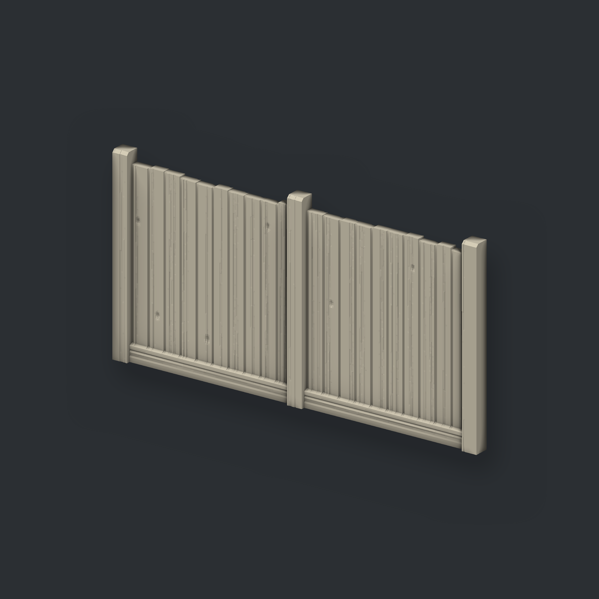OO gauge 6ft close-board fence panel, medium — 50 mm, two bays — three-quarter view